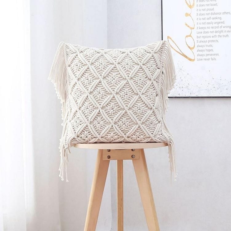 Housse de Coussin Coussin Bohème en Macramé Blanc Élégance
