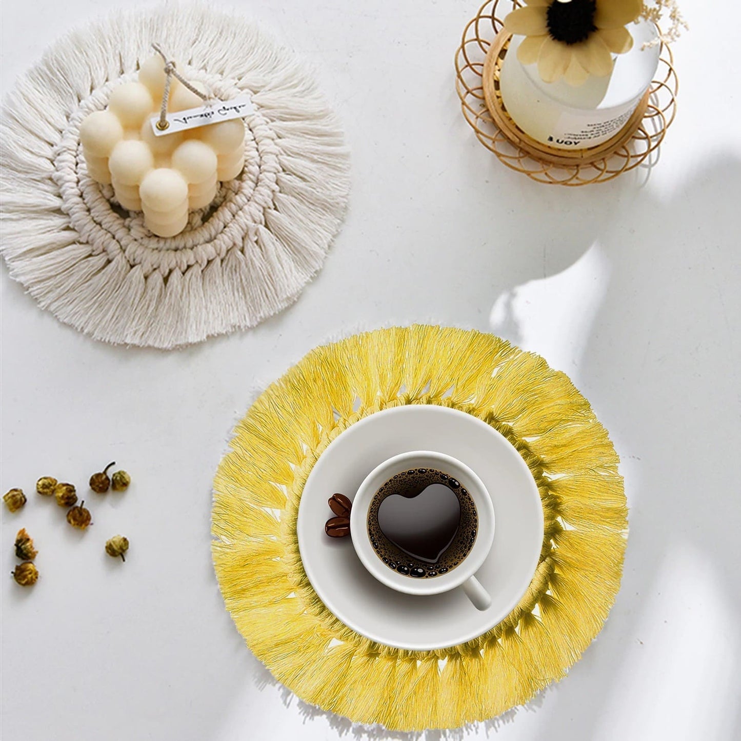 Dessous de Verre Macramé Dessous de verre en Macramé aux couleurs tendances